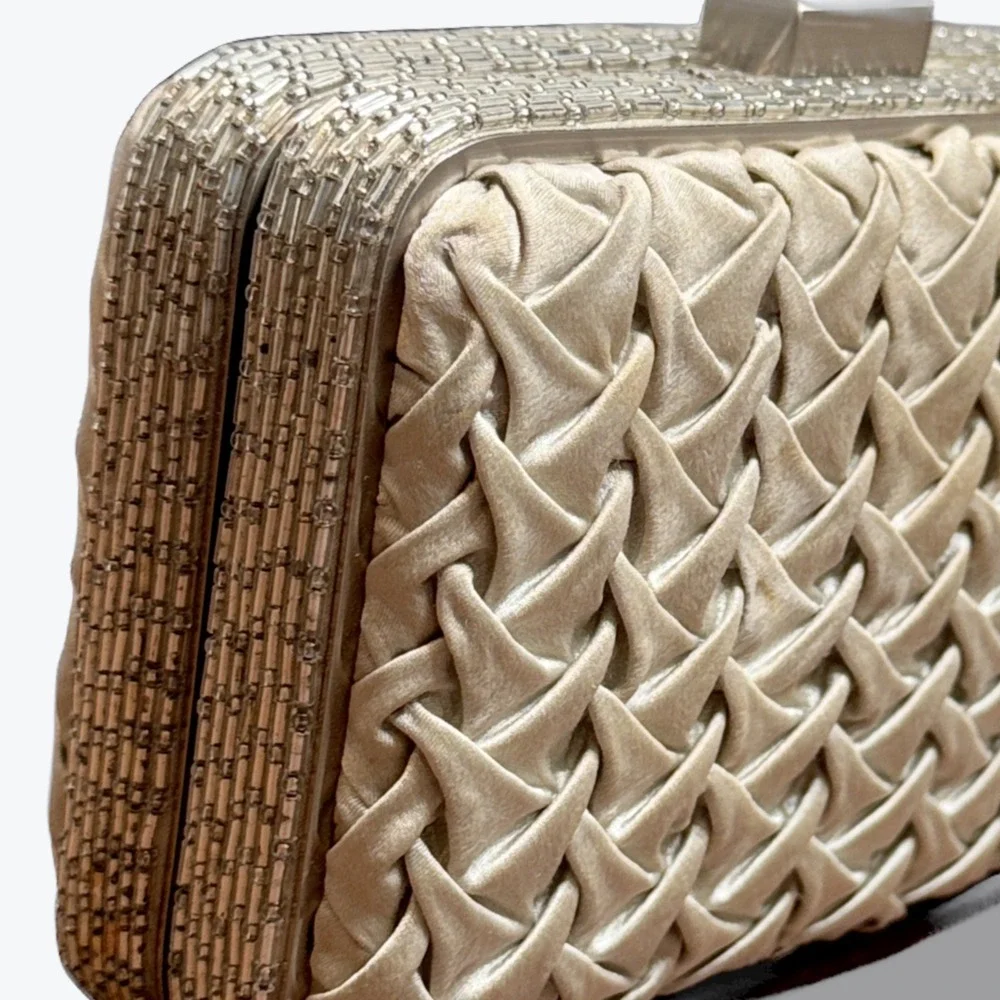Inge Christopher Champagne Beaded Woven‎ Evening Clutch Bag Party Wedding